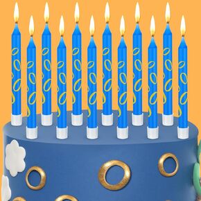 12 Pcs Blue with Gold Ring Print Themed Birthday Candles Blue Gold Candle Cake Topper Cartoon Characters Themed Birthday Candles Blue and Golden Ring Prints Party Supplies for Boys Girls