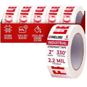 Fragile Sign Tape 2" x 110 Yard Clear Packing Tape, 2.2 Mil Thick, Pack of 6, Red & White - Heavy-Duty Printed Packing Tape Refill Rolls with Superior Adhesion for Moving or Shipping Boxes