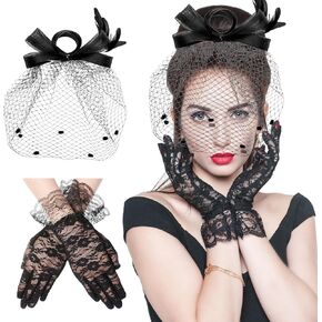 Bow Crown Hat and Short Lace Gloves Set Women'S Flower Crown Tea Party Hat Kentucky Derby Headband Black Veil Crown