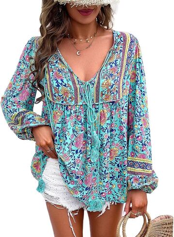 Women's Casual Floral Print V Neck Top Loose Boho Long Sleeve Beach Shirts Blouses in Saudi Arabia
