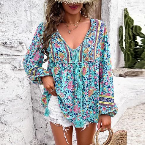 Women's Casual Floral Print V Neck Top Loose Boho Long Sleeve Beach Shirts Blouses in Saudi Arabia