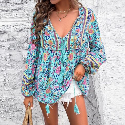Women's Casual Floral Print V Neck Top Loose Boho Long Sleeve Beach Shirts Blouses in Saudi Arabia