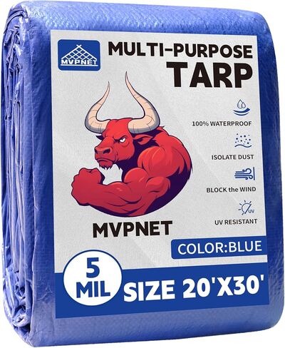 Tarp 8x10 ft 100% Waterproof Uv Resistant High Durability Multipurpose 5mil Blue Tarp for Covering Courtyards, Cars, Camping, Gardens, Pet Nests -by MVPNET in Saudi Arabia