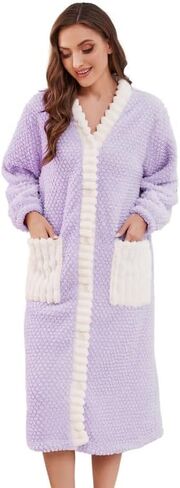 Womens Plush Robe, Soft Fluffy Bathrobe for Women Winter Button Warm Loungewear in Kuwait