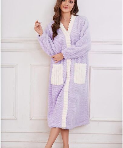 Womens Plush Robe, Soft Fluffy Bathrobe for Women Winter Button Warm Loungewear in Kuwait