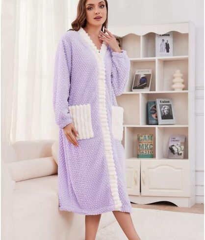 Womens Plush Robe, Soft Fluffy Bathrobe for Women Winter Button Warm Loungewear in Kuwait