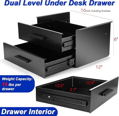 Under Desk Drawer Storage 16x12x8 Inch Pull Out Dual Level Storage Organizer Mounted Metal Sliding Hidden Under Counter Drawer Vertically Stacked for Office Sit Stand Workstation, Black in Kuwait