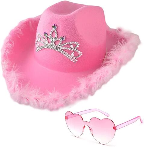 JTAISC Pink Cowgirl Hat with Heart Shaped Sunglasses - Cowboy Hat with Tiara Crown Rodeo Party Hats in Saudi Arabia