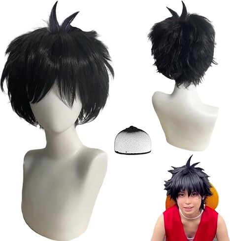 Short Black Wig for Men for Cosplay Costume Pre-Style Straight Wavy Synthetic Wigs for Halloween Christmas Event Anime Cosplay with Wig Cap in Saudi Arabia