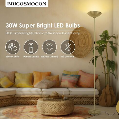 Stepless Dimmable Floor Lamp,30W 3000LM Super Bright LED Torchiere Floor Lamps with Remote & Touch Control,71 in Tall Modern Standing Lamp for Living Room Bedroom Office,2700k-6500k,Black in Saudi Arabia