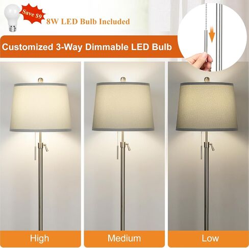 JUNNAI Gold Floor Lamp for Living Room, Tall Standing Lamp 55-65" Adjustable Modern Brass Floor Lamps for Bedroom Reading Office Kids 3 Color Lights Corner Night Stand (9W LED Bulb, White Shade) in Saudi Arabia