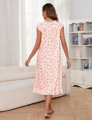 Marvmys Womens Long Nightgown Cap Short Sleeve House Dress Lace Trim Victorian Night Gown Sleepwear in Saudi Arabia