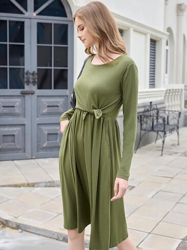 Liu & Qu Women's Maternity Nursing Dress Long Sleeve V-Neck Breastfeeding Clothes with Pockets Pregnancy Dresses in Saudi Arabia