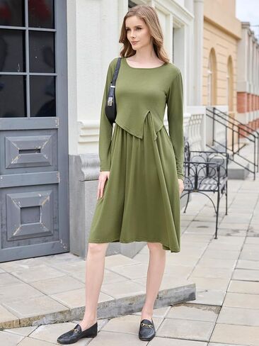Liu & Qu Women's Maternity Nursing Dress Long Sleeve V-Neck Breastfeeding Clothes with Pockets Pregnancy Dresses in Saudi Arabia
