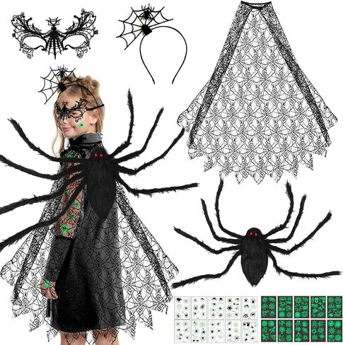 14 Pcs Halloween Spider Costume Set Include Spider Web Cape Backpack Hair Hoop Mask Tattoo Stickers Halloween Spider Web Dress Up for Trick or Treat Cosplay Accessories（Black） in Saudi Arabia