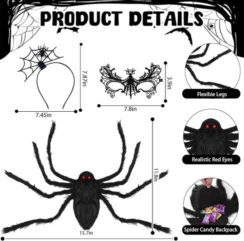 14 Pcs Halloween Spider Costume Set Include Spider Web Cape Backpack Hair Hoop Mask Tattoo Stickers Halloween Spider Web Dress Up for Trick or Treat Cosplay Accessories（Black） in Saudi Arabia
