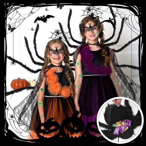 14 Pcs Halloween Spider Costume Set Include Spider Web Cape Backpack Hair Hoop Mask Tattoo Stickers Halloween Spider Web Dress Up for Trick or Treat Cosplay Accessories（Black） in Saudi Arabia
