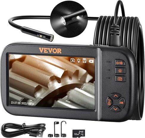 VEVOR Triple Lens Borescope, 5" IPS Screen Inspection Camera with Lights, 8X Zoom 1080P HD Split Screen, 10 LED Lights Scope Endoscope Camera for Automotive, Plumbing(16.5FT Cable, 32GB Card) in Kuwait