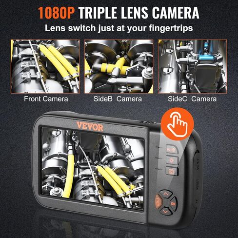 VEVOR Triple Lens Borescope, 5" IPS Screen Inspection Camera with Lights, 8X Zoom 1080P HD Split Screen, 10 LED Lights Scope Endoscope Camera for Automotive, Plumbing(16.5FT Cable, 32GB Card) in Kuwait