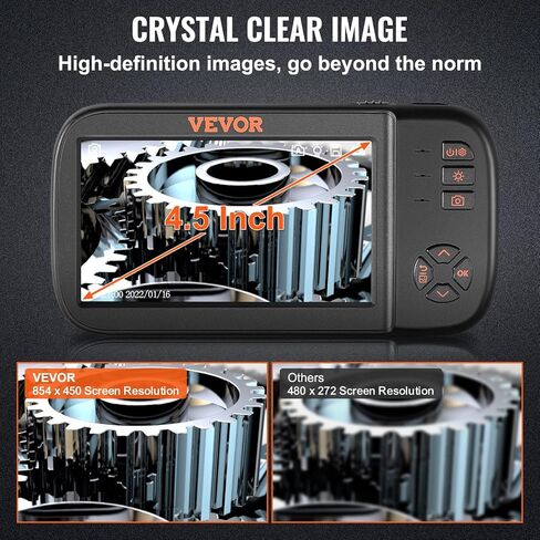 VEVOR Triple Lens Borescope, 5" IPS Screen Inspection Camera with Lights, 8X Zoom 1080P HD Split Screen, 10 LED Lights Scope Endoscope Camera for Automotive, Plumbing(16.5FT Cable, 32GB Card) in Kuwait