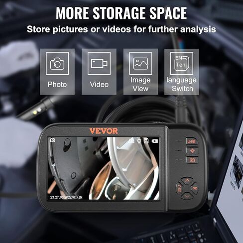 VEVOR Triple Lens Borescope, 5" IPS Screen Inspection Camera with Lights, 8X Zoom 1080P HD Split Screen, 10 LED Lights Scope Endoscope Camera for Automotive, Plumbing(16.5FT Cable, 32GB Card) in Kuwait