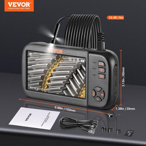 VEVOR Triple Lens Borescope, 5" IPS Screen Inspection Camera with Lights, 8X Zoom 1080P HD Split Screen, 10 LED Lights Scope Endoscope Camera for Automotive, Plumbing(16.5FT Cable, 32GB Card) in Kuwait
