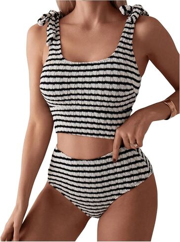 SOLY HUX Women's High Waisted Tankini Sets Striped Bikini Swimsuits Tie Knot Bathing Suit Summer in Saudi Arabia