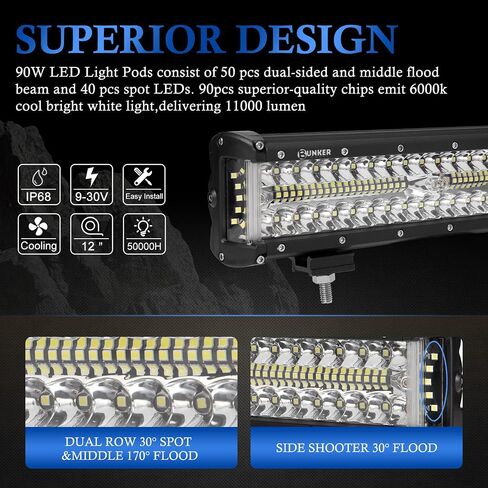 مجموعة أدوات تسخير الأسلاك LED من Bunker INDUST، قطعتان 4 بوصات شريط إضاءة LED 60 وات ضوء عمل مكعب مقاوم للماء أضواء ممتصة للصدمات للقيادة على الطرق الوعرة لمركبة ATV UTV شاحنة قارب جرار in Kuwait