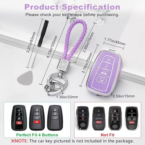 PIFOOG Key Fob Cover for Toyota with Bling Keychain, Purple Car Key Case Shell Protector for Highlander Corolla Pirus RAV4 Camry 4Runner C-HR Avalon 4 Button Accessories Girly Women TPU in Kuwait