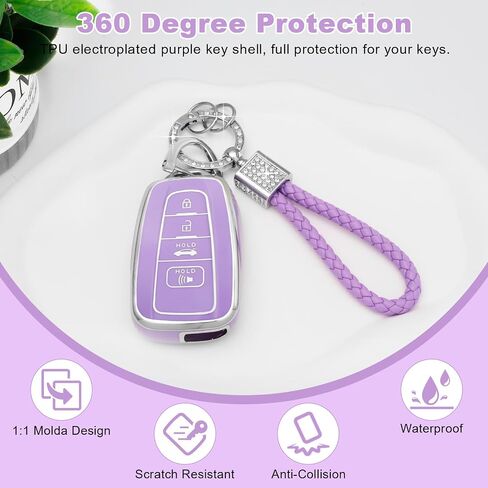 PIFOOG Key Fob Cover for Toyota with Bling Keychain, Purple Car Key Case Shell Protector for Highlander Corolla Pirus RAV4 Camry 4Runner C-HR Avalon 4 Button Accessories Girly Women TPU in Kuwait
