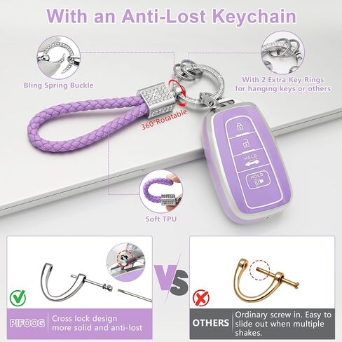 PIFOOG Key Fob Cover for Toyota with Bling Keychain, Purple Car Key Case Shell Protector for Highlander Corolla Pirus RAV4 Camry 4Runner C-HR Avalon 4 Button Accessories Girly Women TPU in Kuwait