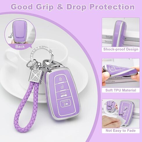 PIFOOG Key Fob Cover for Toyota with Bling Keychain, Purple Car Key Case Shell Protector for Highlander Corolla Pirus RAV4 Camry 4Runner C-HR Avalon 4 Button Accessories Girly Women TPU in Kuwait