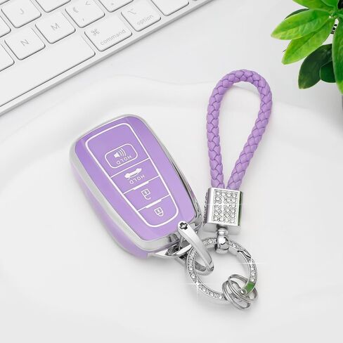 PIFOOG Key Fob Cover for Toyota with Bling Keychain, Purple Car Key Case Shell Protector for Highlander Corolla Pirus RAV4 Camry 4Runner C-HR Avalon 4 Button Accessories Girly Women TPU in Kuwait