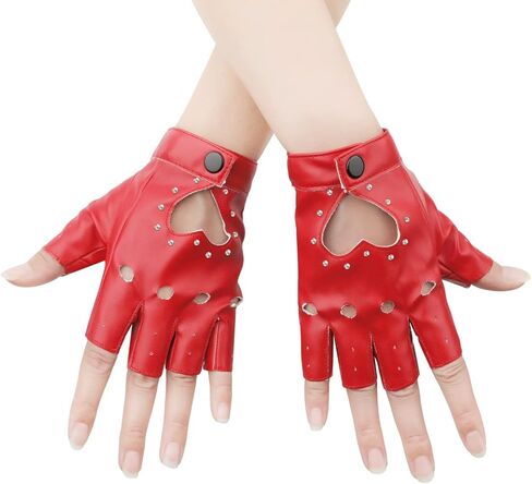 زوج واحد من القفازات الجلدية بنصف الإصبع، قفازات جلدية أنيقة بدون أصابع مع قفازات راكبي الدراجات النارية من حجر الراين لأداء الهالوين والنساء والفتيات (أحمر) in Kuwait