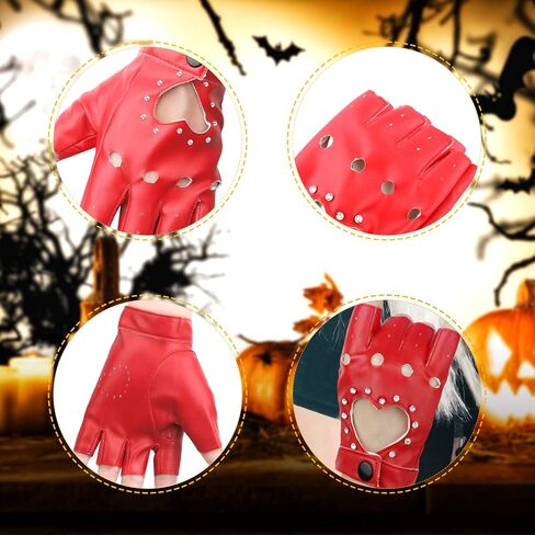 زوج واحد من القفازات الجلدية بنصف الإصبع، قفازات جلدية أنيقة بدون أصابع مع قفازات راكبي الدراجات النارية من حجر الراين لأداء الهالوين والنساء والفتيات (أحمر) in Kuwait