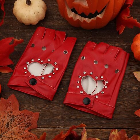 زوج واحد من القفازات الجلدية بنصف الإصبع، قفازات جلدية أنيقة بدون أصابع مع قفازات راكبي الدراجات النارية من حجر الراين لأداء الهالوين والنساء والفتيات (أحمر) in Kuwait