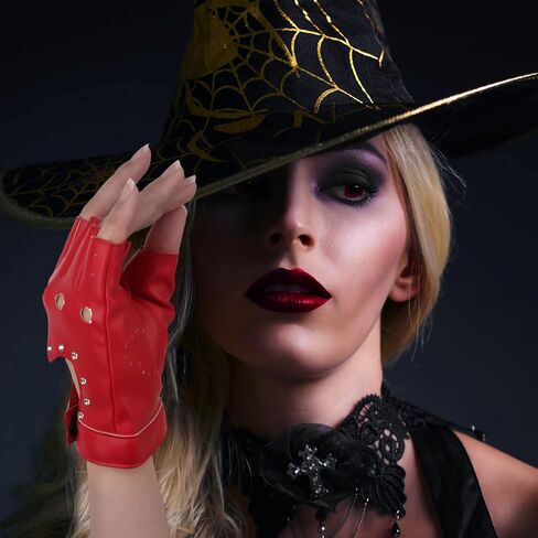 زوج واحد من القفازات الجلدية بنصف الإصبع، قفازات جلدية أنيقة بدون أصابع مع قفازات راكبي الدراجات النارية من حجر الراين لأداء الهالوين والنساء والفتيات (أحمر) in Kuwait