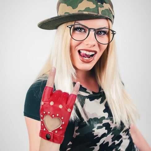 زوج واحد من القفازات الجلدية بنصف الإصبع، قفازات جلدية أنيقة بدون أصابع مع قفازات راكبي الدراجات النارية من حجر الراين لأداء الهالوين والنساء والفتيات (أحمر) in Kuwait