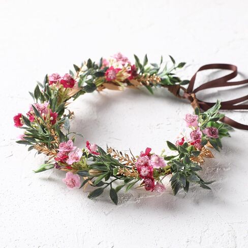 Handmade Dried Flower Crown - Golden Green Leaves Blue Fairy Flower Headband Floral Headpiece for Women Girls Teens Kids Hawaiian Party Wedding Beach Festival in Saudi Arabia