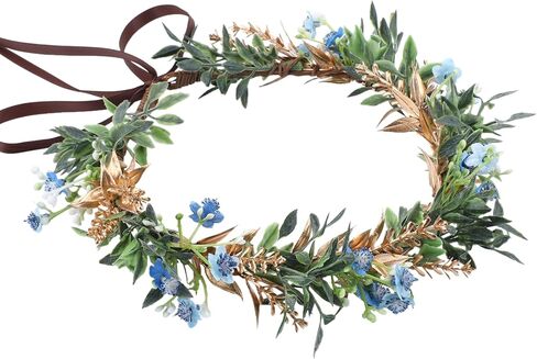 Handmade Dried Flower Crown - Golden Green Leaves Blue Fairy Flower Headband Floral Headpiece for Women Girls Teens Kids Hawaiian Party Wedding Beach Festival in Saudi Arabia