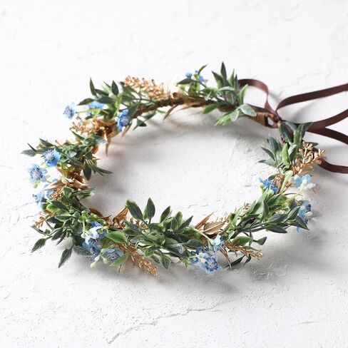 Handmade Dried Flower Crown - Golden Green Leaves Blue Fairy Flower Headband Floral Headpiece for Women Girls Teens Kids Hawaiian Party Wedding Beach Festival in Saudi Arabia