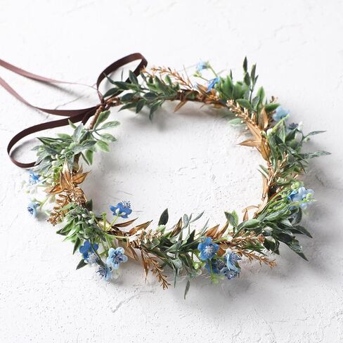 Handmade Dried Flower Crown - Golden Green Leaves Blue Fairy Flower Headband Floral Headpiece for Women Girls Teens Kids Hawaiian Party Wedding Beach Festival in Saudi Arabia