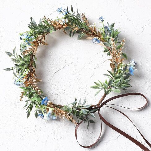 Handmade Dried Flower Crown - Golden Green Leaves Blue Fairy Flower Headband Floral Headpiece for Women Girls Teens Kids Hawaiian Party Wedding Beach Festival in Saudi Arabia