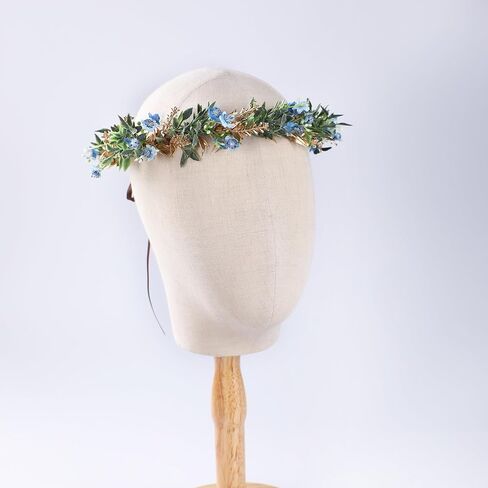 Handmade Dried Flower Crown - Golden Green Leaves Blue Fairy Flower Headband Floral Headpiece for Women Girls Teens Kids Hawaiian Party Wedding Beach Festival in Saudi Arabia