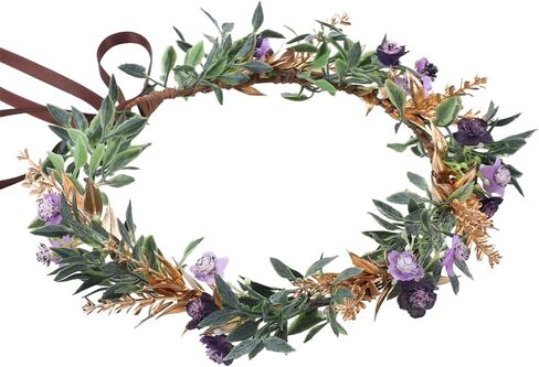 Handmade Dried Flower Crown - Golden Green Leaves Blue Fairy Flower Headband Floral Headpiece for Women Girls Teens Kids Hawaiian Party Wedding Beach Festival in Saudi Arabia