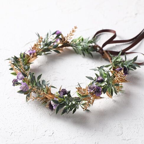Handmade Dried Flower Crown - Golden Green Leaves Blue Fairy Flower Headband Floral Headpiece for Women Girls Teens Kids Hawaiian Party Wedding Beach Festival in Saudi Arabia