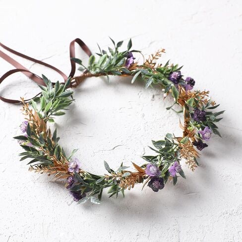 Handmade Dried Flower Crown - Golden Green Leaves Blue Fairy Flower Headband Floral Headpiece for Women Girls Teens Kids Hawaiian Party Wedding Beach Festival in Saudi Arabia