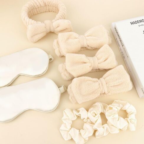 WHAVEL 18 Pcs Sleepover Party Supplies for Girls - Party Favors Include 6 Spa Headband, 6 Silk Eye Mask and 6 Stain Scrunchies for Spa Birthday, Bachelorette Party, Slumber Wedding (Khaki) in Saudi Arabia