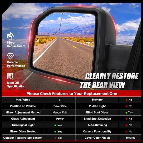 استبدال مجموعة مرآة الباب الجانبي للسائق الأيسر لسيارة Ford F-150 2015-2020، مع تعديل زجاج الطاقة، وزجاج النقطة العمياء والطي اليدوي، وسطح أسود محكم (يسار، 3 دبابيس) in Kuwait