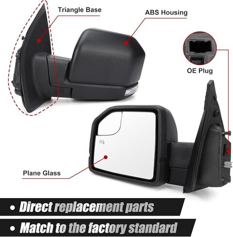 استبدال مجموعة مرآة الباب الجانبي للسائق الأيسر لسيارة Ford F-150 2015-2020، مع تعديل زجاج الطاقة، وزجاج النقطة العمياء والطي اليدوي، وسطح أسود محكم (يسار، 3 دبابيس) in Kuwait